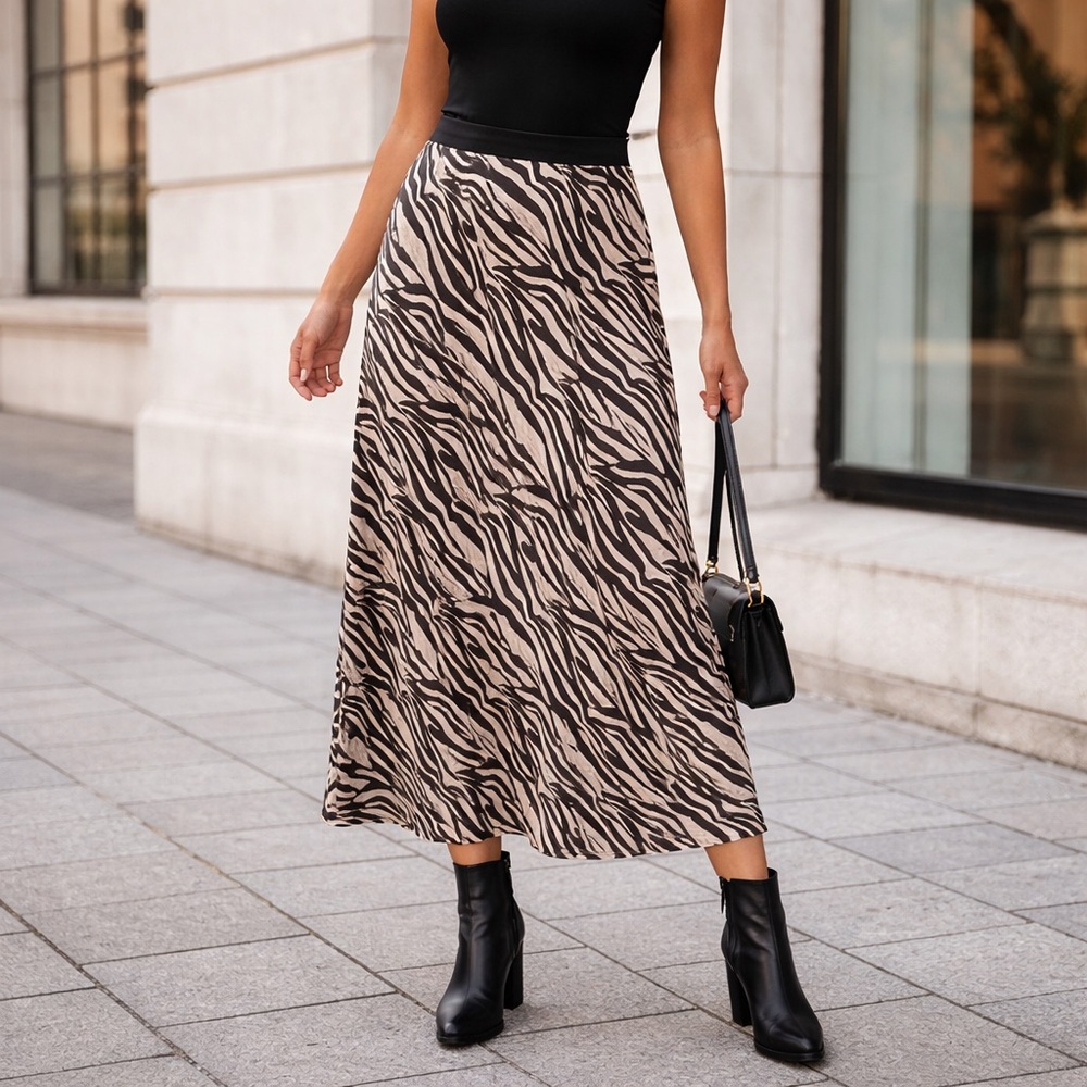 Urban Romantics Zebra Print Midi Skirt Large Rayon